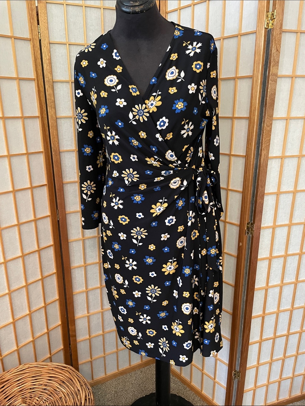 Anne Klein Black Stretchy Wrap Dress with Blue & Yellow Floral Print